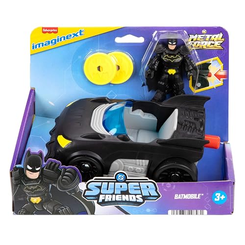 Fisher-Price Imaginext DC Super Friends Metal Force Batmobile Toy Car, 3-inch Batman Action Figure & Accessories Set, Includes Launcher & 2 Discs, JFJ68