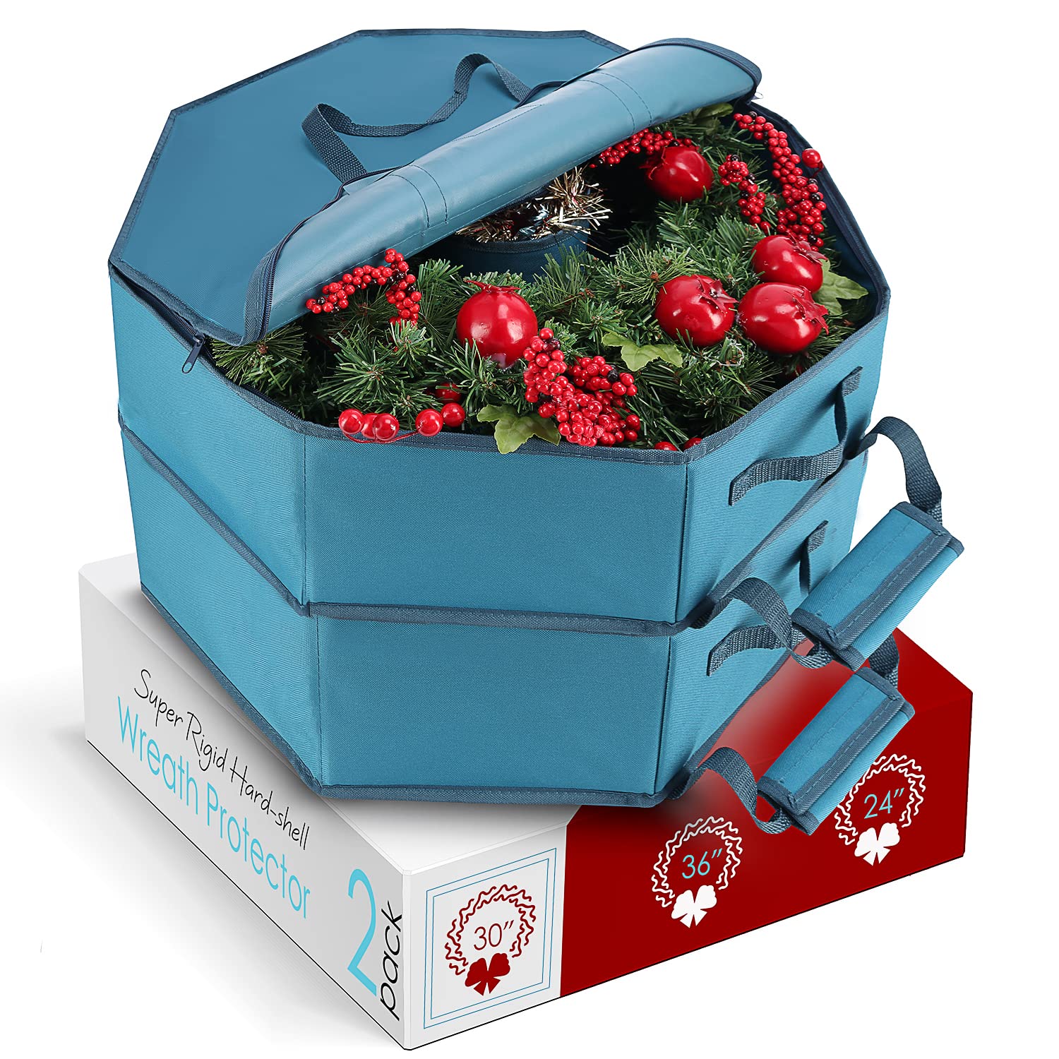 Hearth & Harbor Container-Hard Shell Christmas Bag with Interior Pockets, Dual Zipper and Handles-Premium Wreath Storage Organizer Box, 30", Blue Image