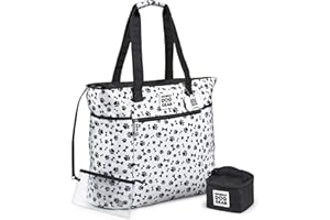 Mobile Dog Gear, Dogssentials Dog Tote Large Travel Bag, Includes Lined Food Carrier and Clear Wristlet Pouch, Meets Airline Requirements, 19 Inches x 17 Inches, White/Black Paw Bone Print