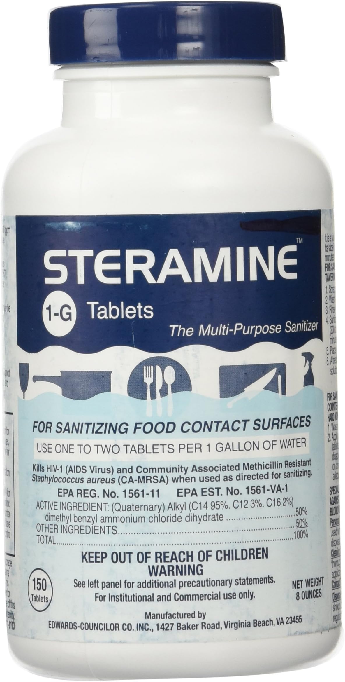 Steramine 831966 1 X Quaternary Tablets-150 Sanitizer Tablets per, 1 Bottle, Blue