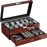 BEWISHOME High-End Watch Box, 12-Slot Watch Case with Large Glass Lid, 2-Layer Wooden Watch Box for Men, Watch Organizer Watch Storage Holder for Men Brown Red SSH02Y