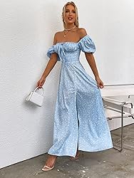 Women's Summer Puff Sleeve Floral Split Maxi Dress