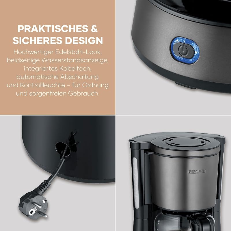Kaffeemaschine, Kaffeeautomat mit Glaskanne, Durchbrühdeckel und Tropfstopp, Schwenkfilter, Abschaltautomatik, integriertes Kabelfach 1,25 L Füllmenge, 1000 Watt, dark inox, KA 9340