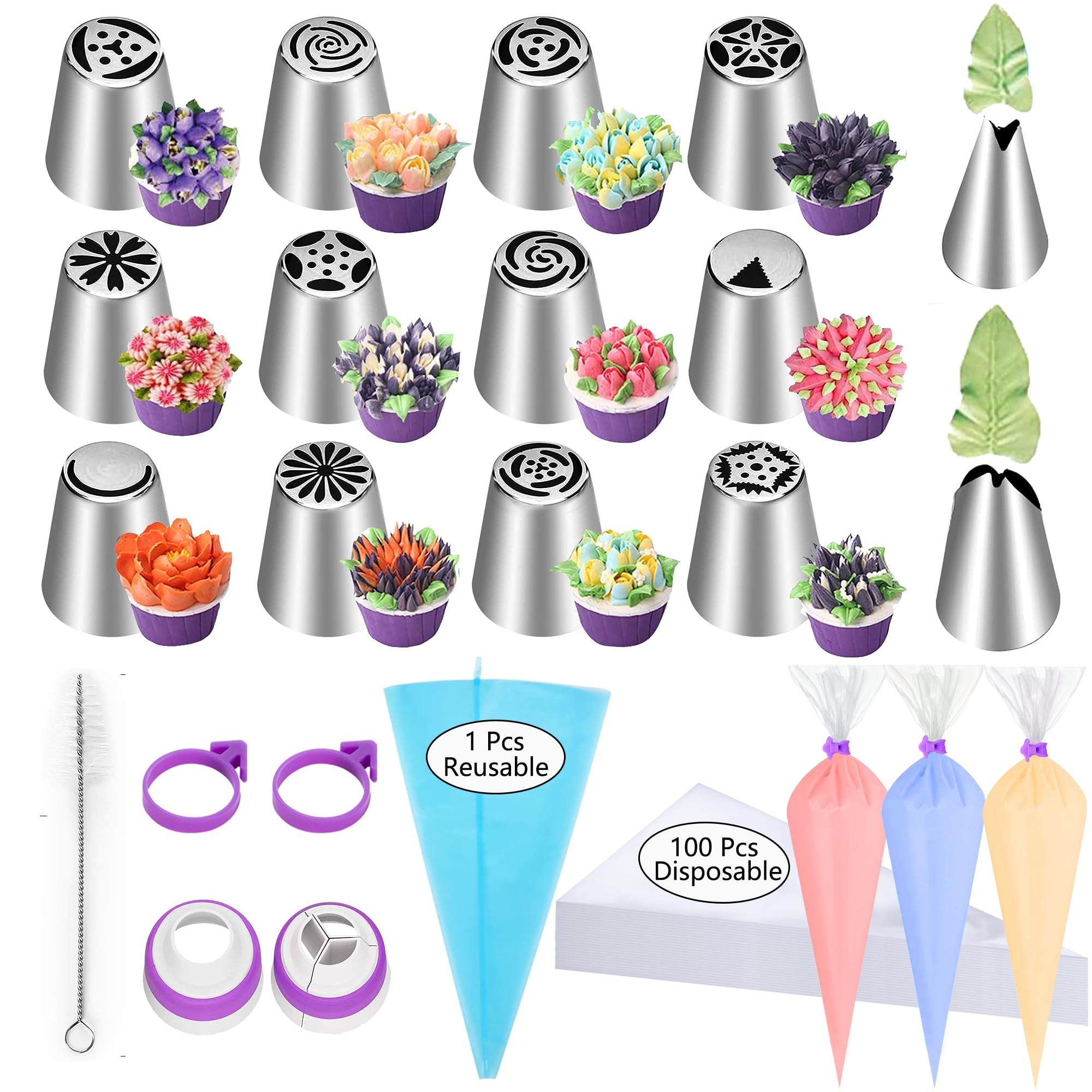 120 PCS Piping Bags and Tips Set 14 in Pastry Bags Cupcake Cookie Cake Decorating Kit Supplies 12 Flower Frosting Nozzles 2 Leaf Piping Tips 2 Couplers 2 Icing Bag Ties 1 Tips Brush