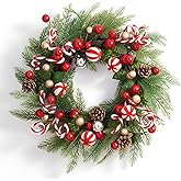 WDS WONDROUS 24 Inch Artificial Christmas Wreath for Front Door Decor, Xmas Wreath Candy Canes, Christmas Ornaments, Pine Needles, and Red Berries for Door Wall Windows Outdoor Decor