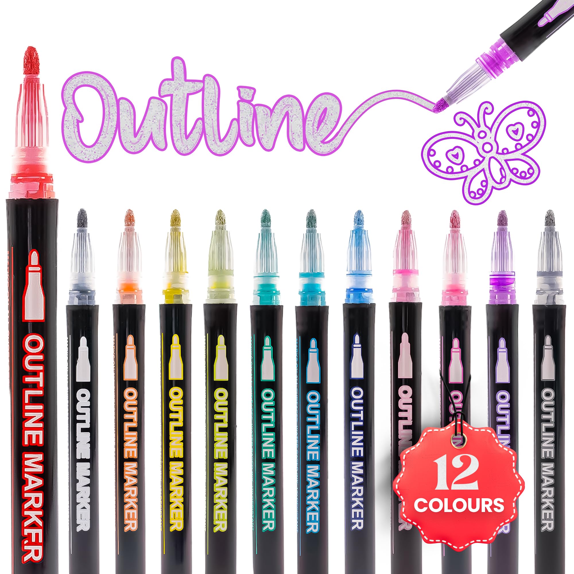 JUSTDOODLE 12 x Metallic Outline Marker Pens, Coloured Glitter Pens with Double Line Feature, Ideal Gifts for Girls, Art Supplies, Scrapbook & Stocking Filler for Kids, 12 Multicolour Pens