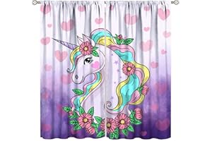LLYLUMTY Cartoon Unicorn Kids Blackout Curtains,Cute Cartoon Purple Unicorns with Flower Pink Heart Purple Blackground for Girls Bedroom Windows Drapes Living Room Study 21x63in,2 Panel Set