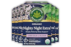 Traditional Medicinals Organic, Nighty Night Extra, Valerian Root & Lemon Balm - Herbal Sleep Aid Tea - Kosher, Non-GMO, Caffeine-Free, Compostable - 96 Tea Bags (6 Packs of 16)
