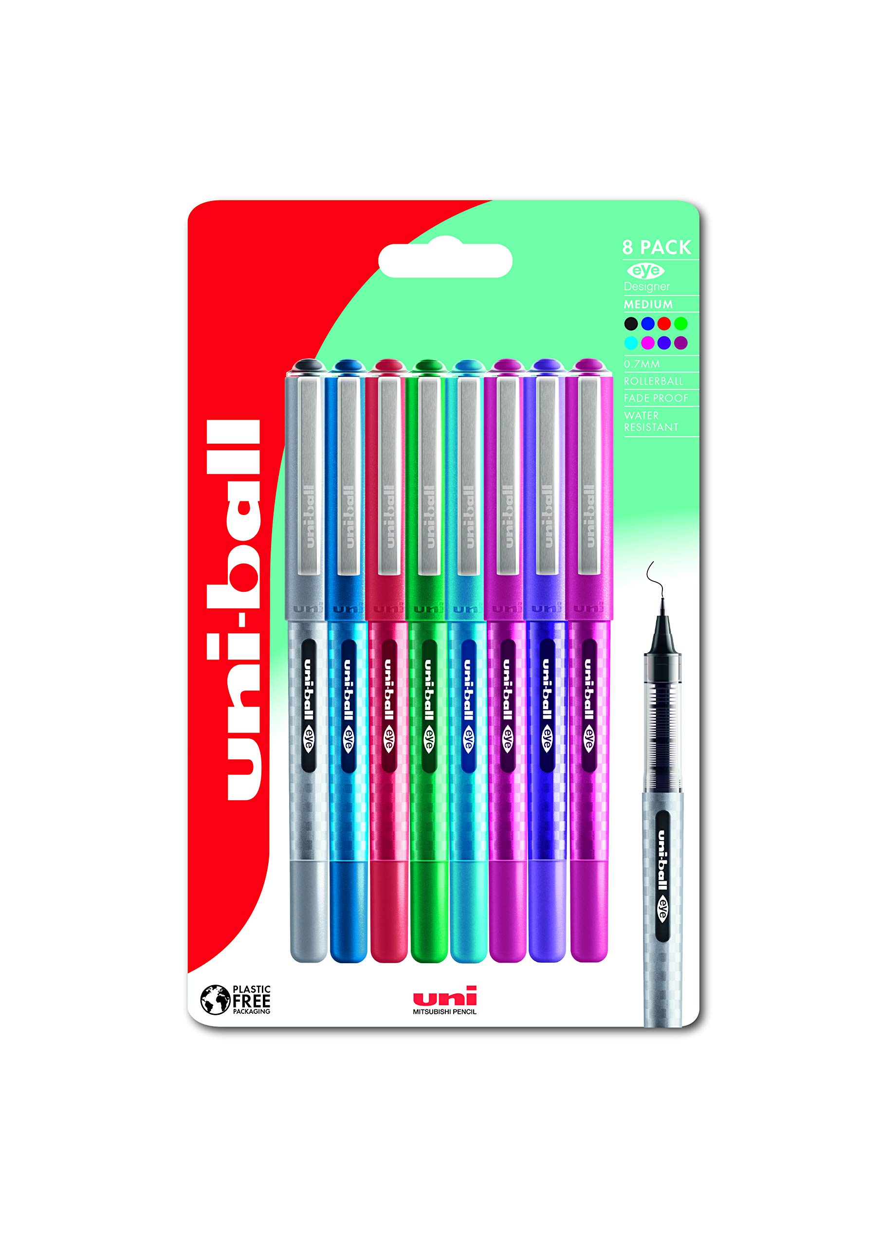 uni-ball UB-157D Eye Designer Rollerball Pens. Premium Medium 0.7mm Ballpoint Tip for Super Smooth Handwriting. Fade and Water Resistant Liquid Uni Super Ink. Pack of 8 Assorted Colours