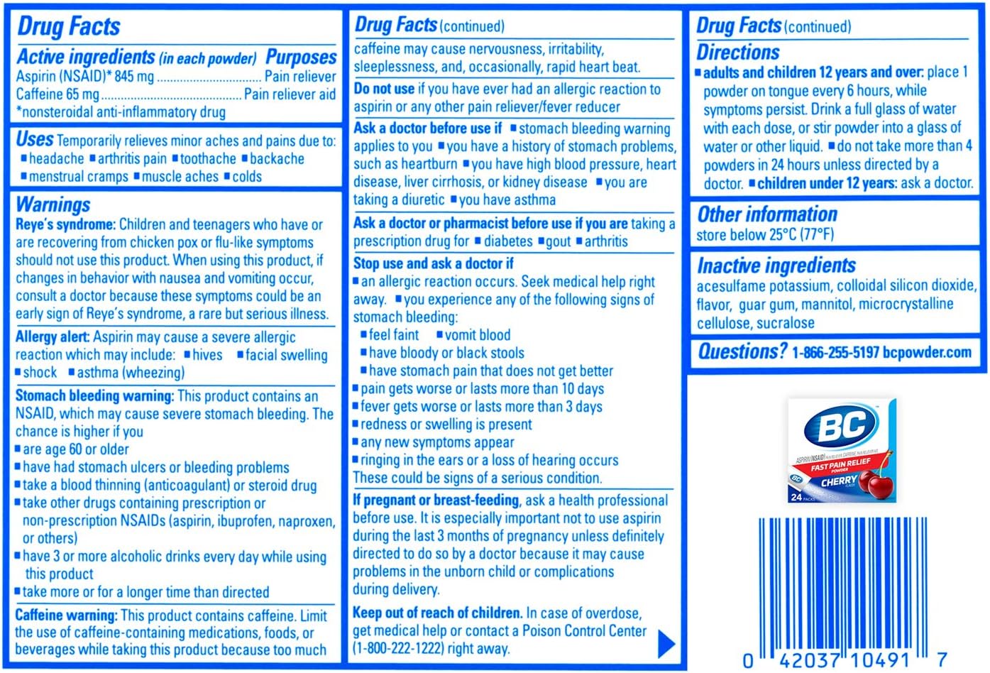 BC Powder Fast Pain Relief Aspirin (NSAID) & Caffeine Cherry 24