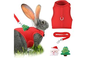 BUNNYCOOL Christmas Rabbit Harness and Leash Set with 2 Cute Decorations Bunny Clothes Adjustable Buckle Breathable Mesh Vest Harness for Rabbits Ferret Small Pig Puppy Walking(Red,Christmas Pattern)