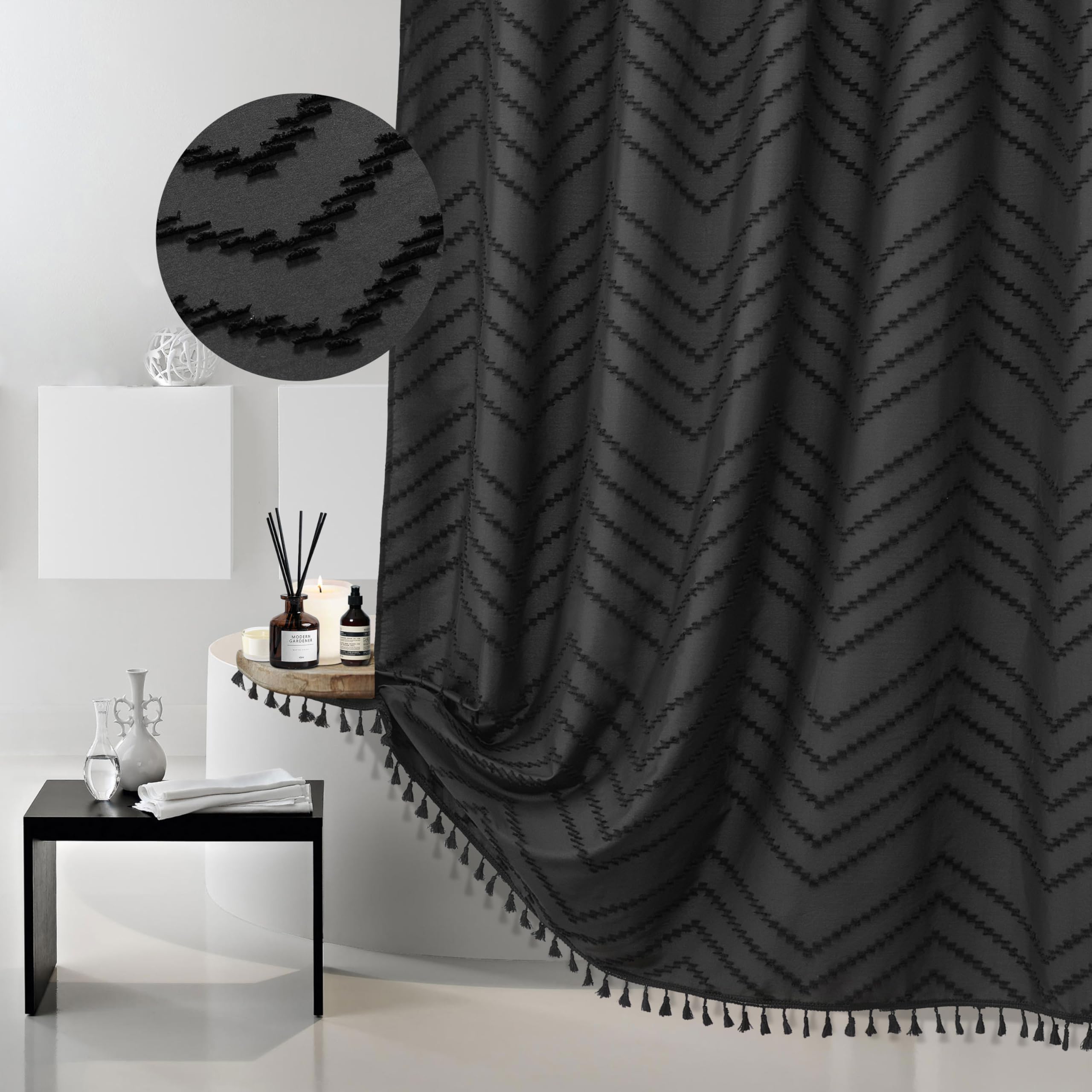 Photo 1 of Extra Long Black Boho Chevron Shower Curtain with Tassel, Woven Fabric Shower Curtain, 72 x 96, Tufted Striped, Modern Chic Textured Shower Curtain Set Minimalist Bathroom Decor