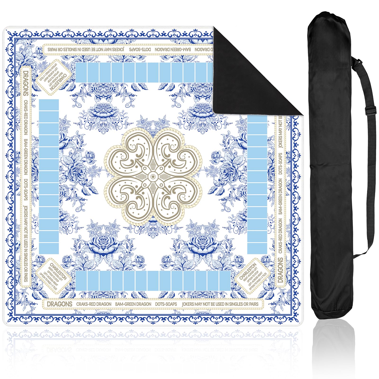 Photo 1 of Bornerwhite Chinoiserie Mahjong Mat with Black Carrying Bag 31.5 x 31.5 Inches Multi Purpose Game Table Cover Anti Slip and Noise Reduction for Mahjong Poker Board Card Dominoes Games(Blue)