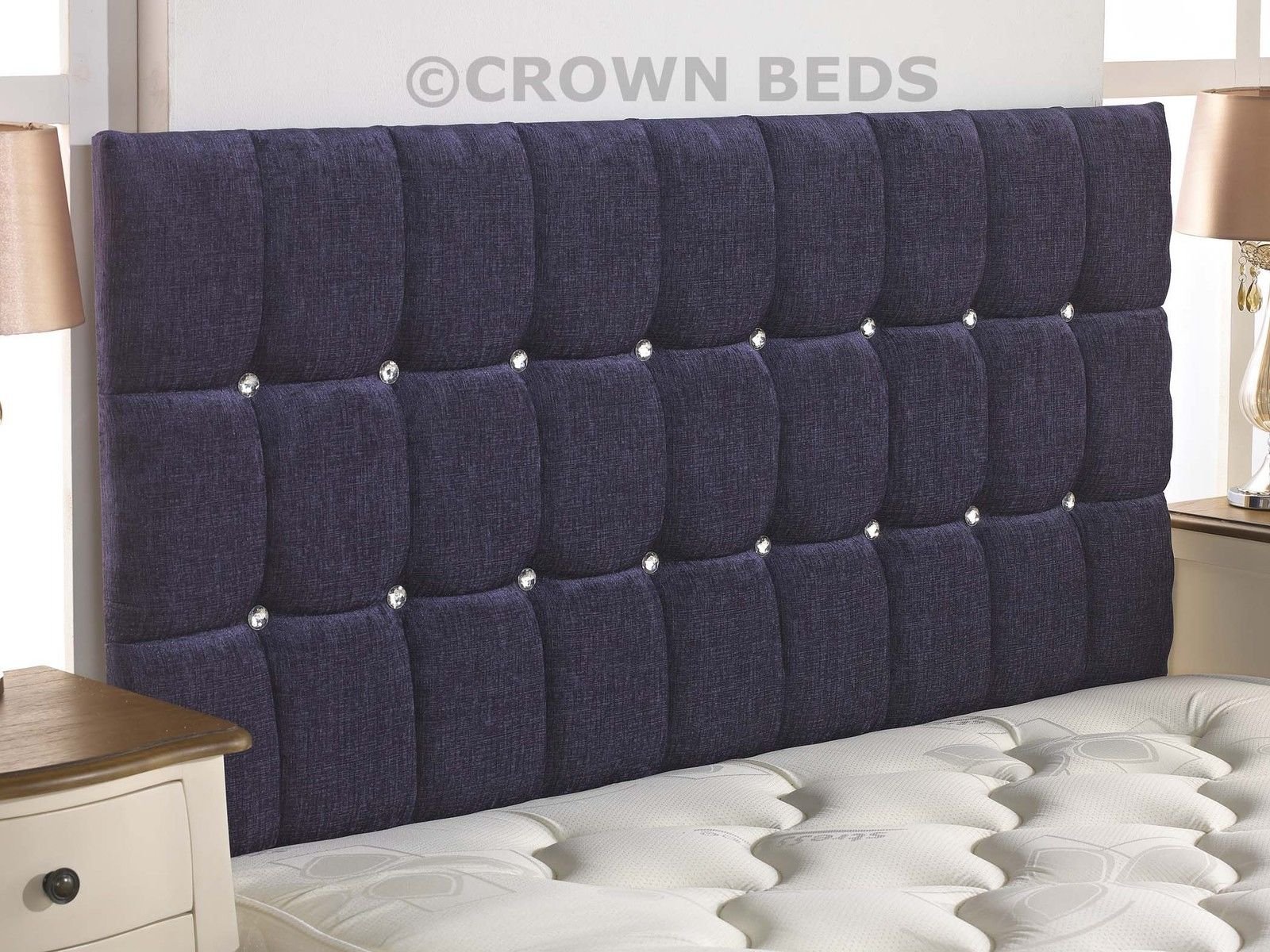 CROWNBEDSUK Omega diamante chenille headboard in 2ft6,3tf,4ft,4ft6,5ft,6ft (5FT KINGSIZE, Purple)