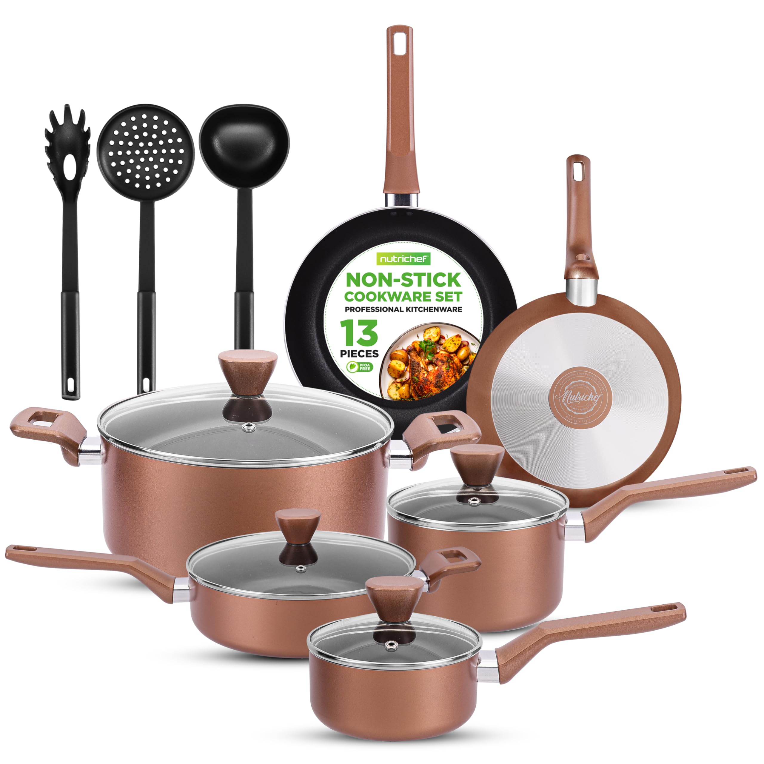 NutriChef 13 Pcs. Nonstick Kitchen Cookware PFOA/PFOS-Free Heat Resistant Kitchenware Set w/Saucepan, Frying Pans, Cooking Pots, Casserole, Lids, & Utensils, Brown, NCCWA13BR Image