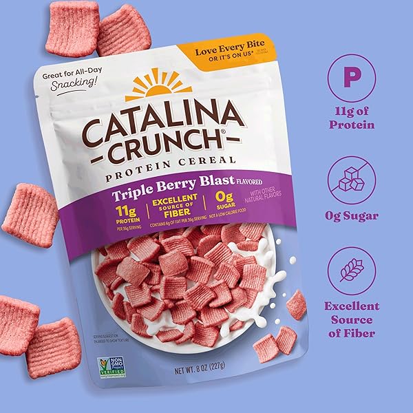 CATALINA CRUNCH PROTEIN CEREAL – SUGAR FREE BREAKFAST CEREAL WITH 11G OF PROTEIN – GLUTEN FREE – TRIPLE BERRY BLAST – 8 OZ. BAG (PACK OF 1), PACKAGING MAY VARY