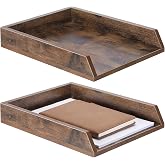DoubleFill 2 Pcs Wooden Letter Tray 2 Tier Letter-Size Desk Tray, Dark Wood | Desktop Paper Organizer Wood Document Tray, Heavy Duty Stackable Paper Drawer Holder, File Folder, Back to School Office Home