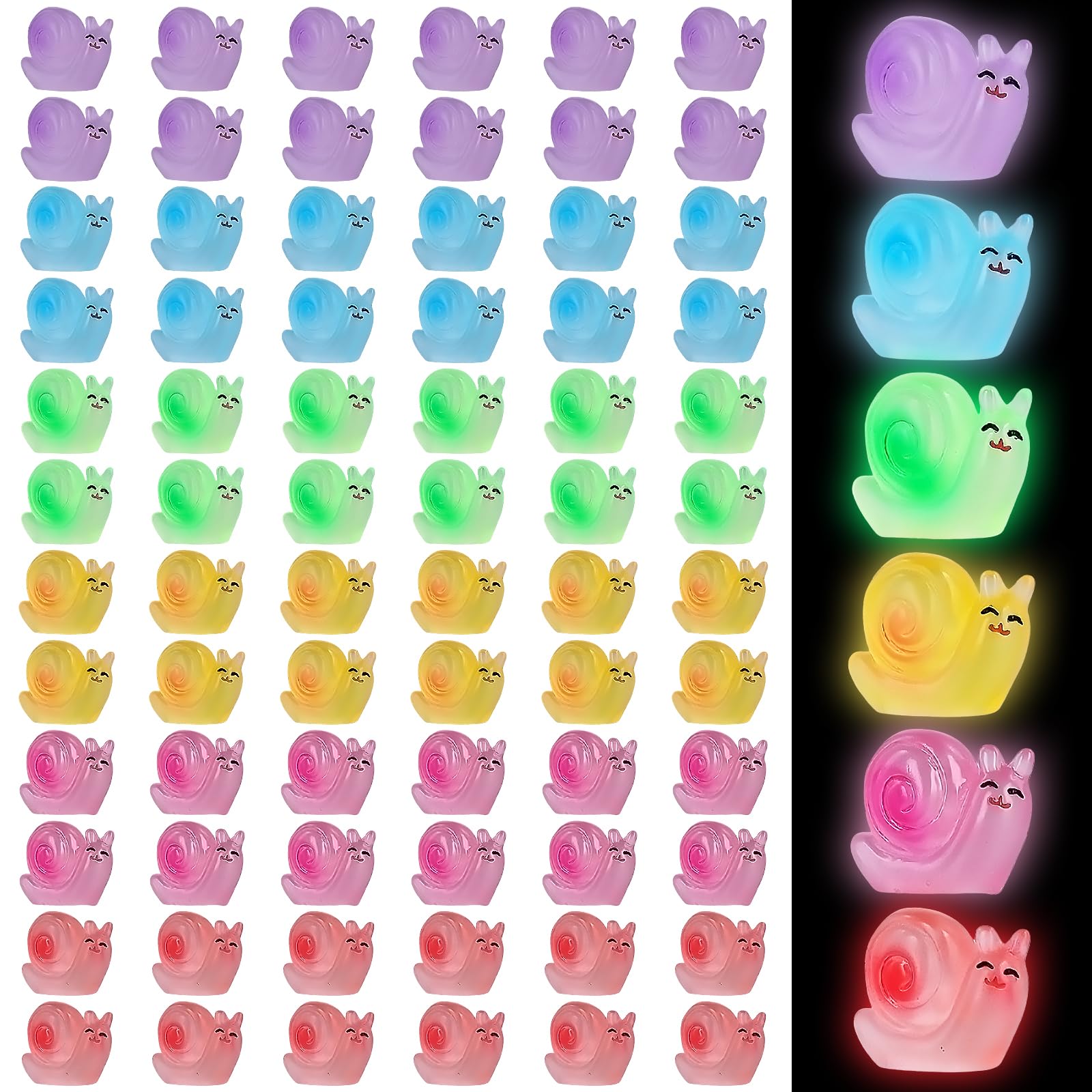 NQEUEPN 90pcs Luminous Mini Resin Snail, 6 Colors Miniature Figurines Snail Glow in The Dark Small Snail Figures Tiny Snail Statue Ornament for Craft Garden Landscape Home Decoration Cake Accessories