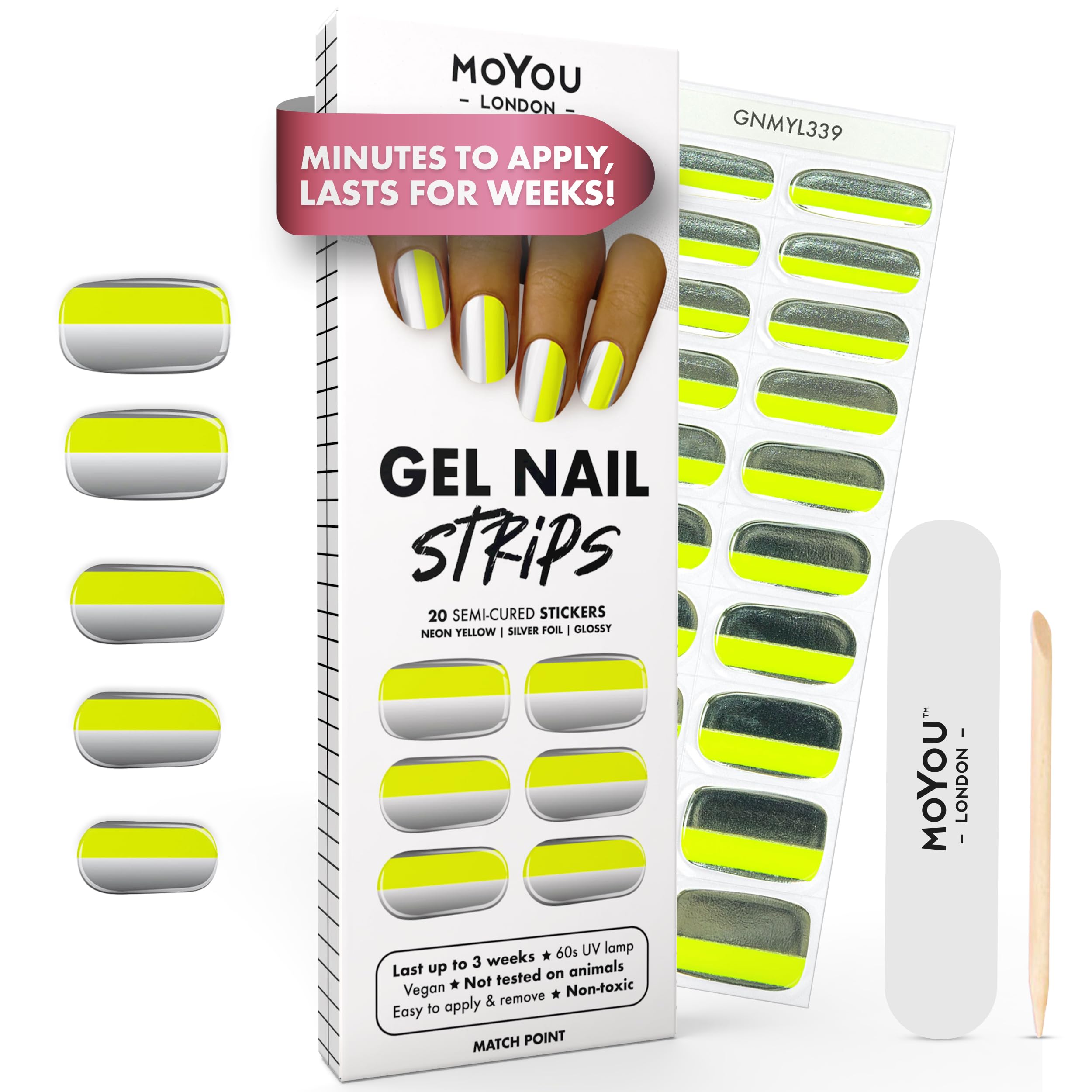 MOYOU LONDON Semi Cured Gel Nail Strips - 20 Pcs. Waterproof Gel Nail Wraps, Cures in Sunlight or UV/LED Lamp, Lasts Up to 2+ Weeks, Stretchable, Easy to Apply & Remove, Vegan & Cruelty-Free