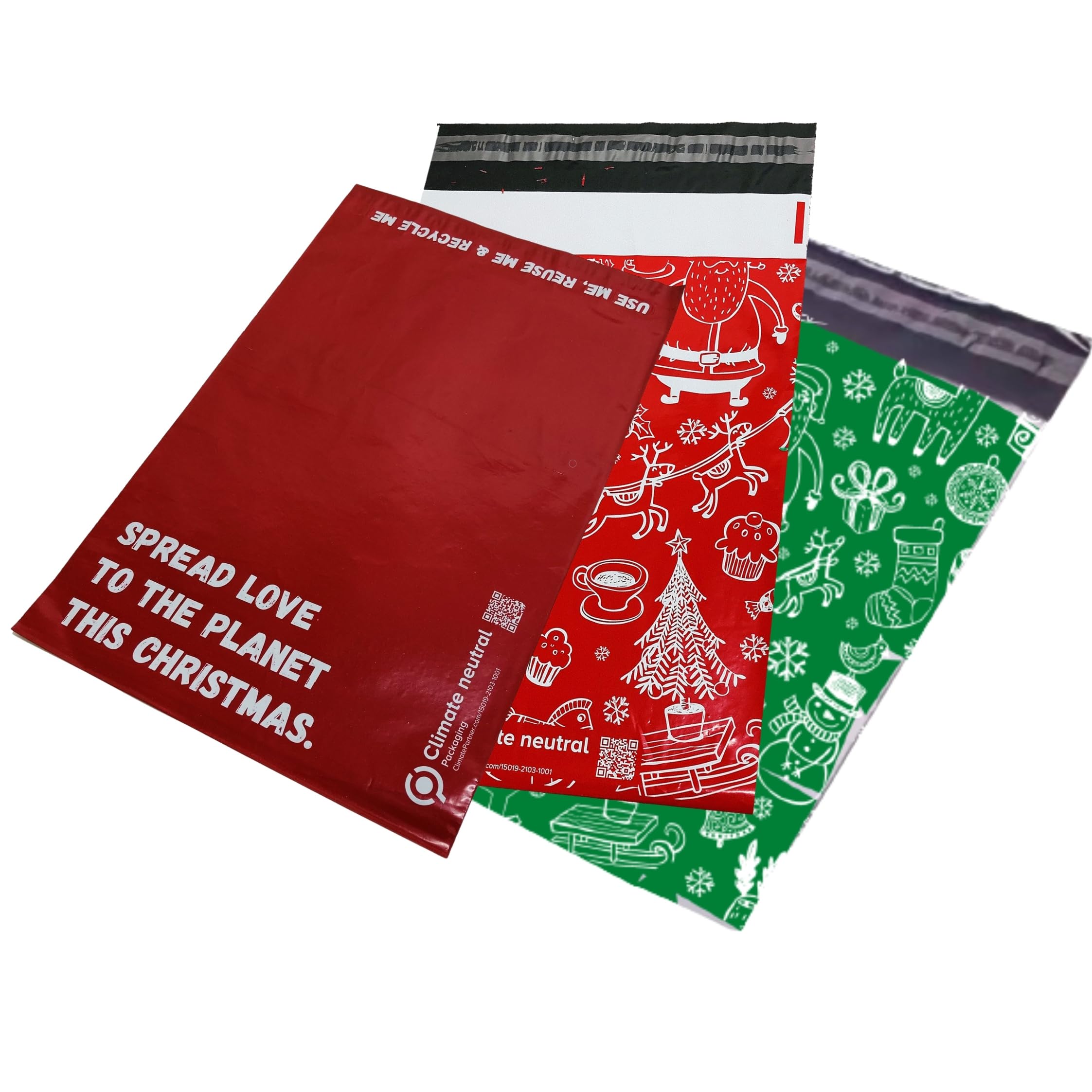 (45 Pack) Mixed (15 of Each) Red/Green/Reindeer Christmas Xmas Poly Postal Self Seal Bags Strong Mailing Bags Postage Packaging Assorted Mailers Posting Shipping Post Parcels Package Bags
