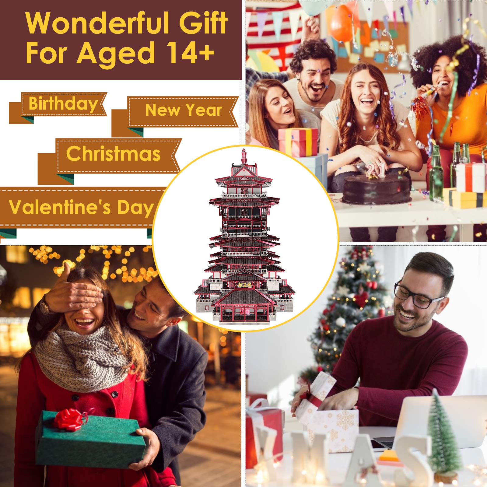 Piececool 3D Metal Puzzle for Adults, Yuewang Tower Metal Model Kits, Chinese Architecture Building Kits Brain Teaser DIY Craft Puzzle Gifts for Teens Boys, 298 Pcs