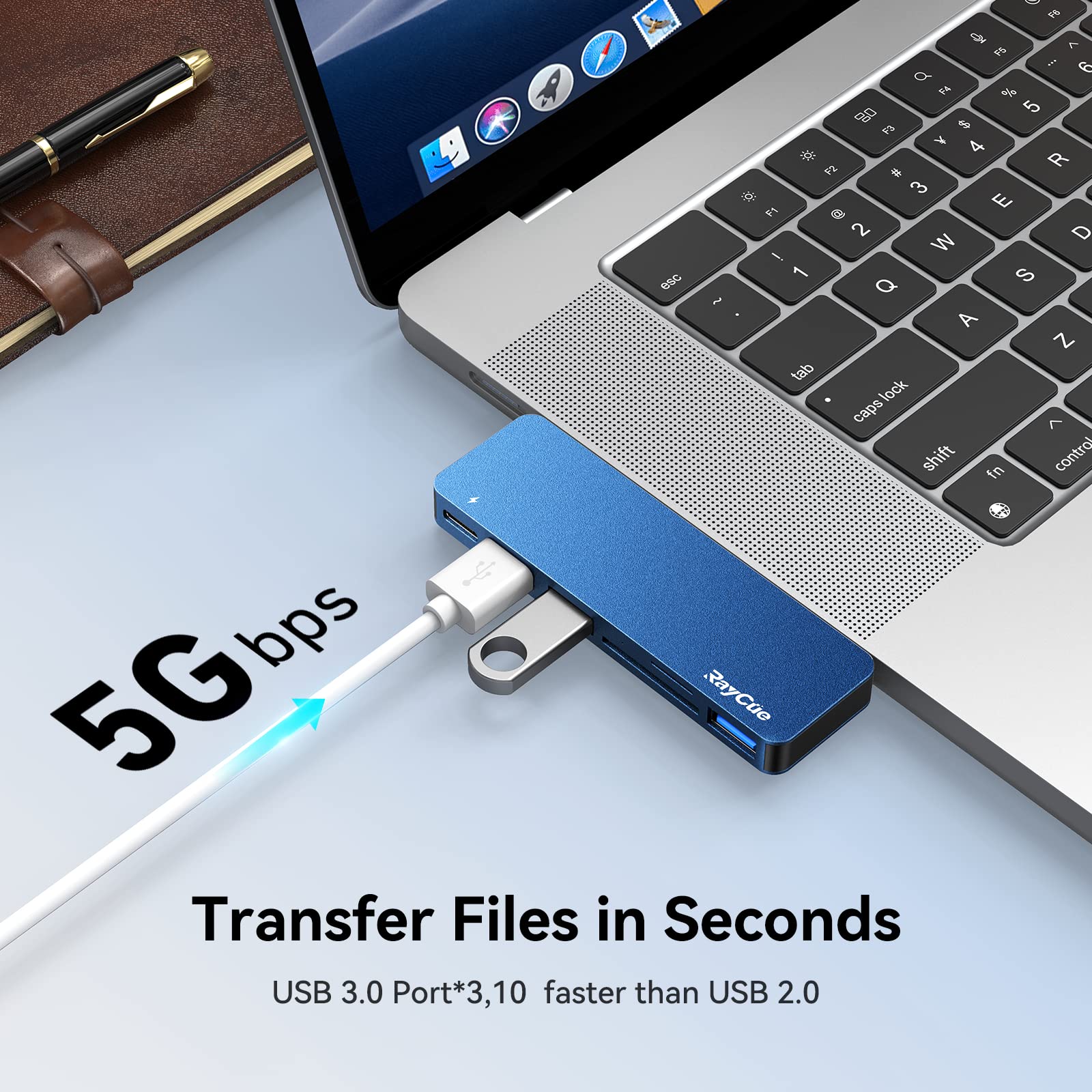 RayCue USB-C Adapter for MacBook Pro/Air - 3 USB 3.0 Ports, Card Reader, Thunderbolt 3 PD Port & MagSafe 3 Charging Support