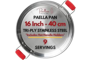 Paelluxe 16" Tri-Ply Stainless Steel Paella Pan – 9 Servings – Rust-Free, No Seasoning, Induction + Oven Safe – Paellera for 