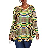 Afibi Dressy Shirts for Women African Dashiki Long Sleeve V Neck Loose Tunic Tops