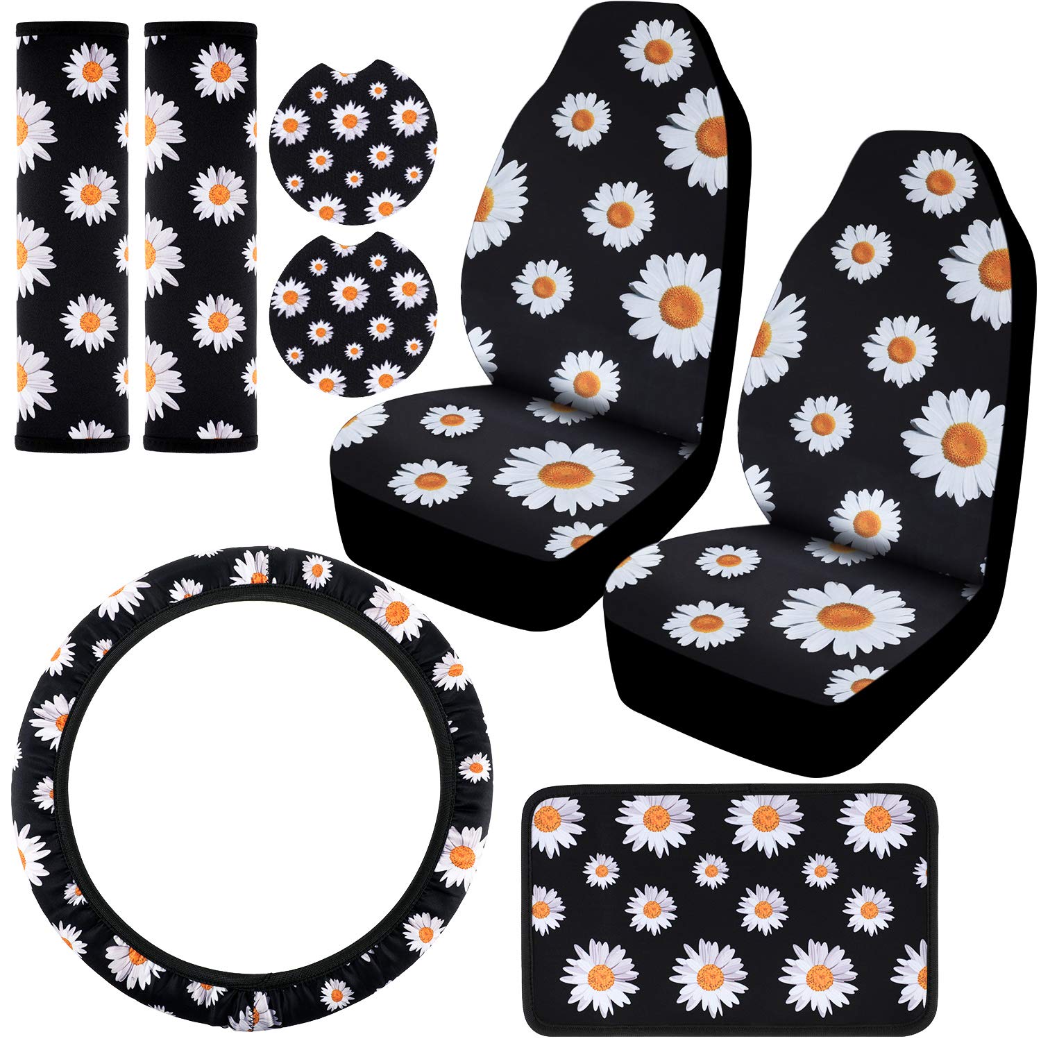 8 Pieces Daisy Car Accessories Set Includes Car Front Seat Covers