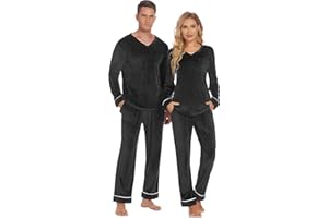 Ekouaer Couples Matching Pajamas Sets Velvet PJs Set for Men and Women Velour Long Sleeve Sleepwear S-XXL