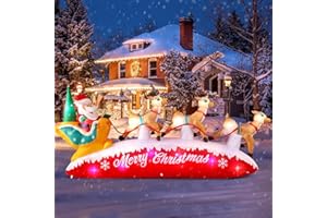 MICOCAH 10FT Long Christmas Inflatables Santa Claus with Reindeer Sleigh Outdoor Decorations, Build-in Rotating Colorful LEDs