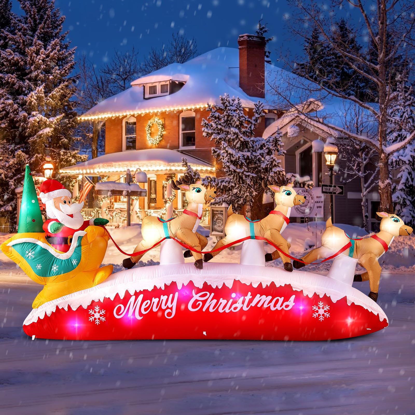 Photo 1 of 10FT Long Christmas Inflatables Santa Claus with Reindeer Sleigh Outdoor Decorations, Build-in Rotating Colorful LEDs Santa Blow up Yard Decoration for Holiday Xmas Party Indoor Lawn Christmas Eve