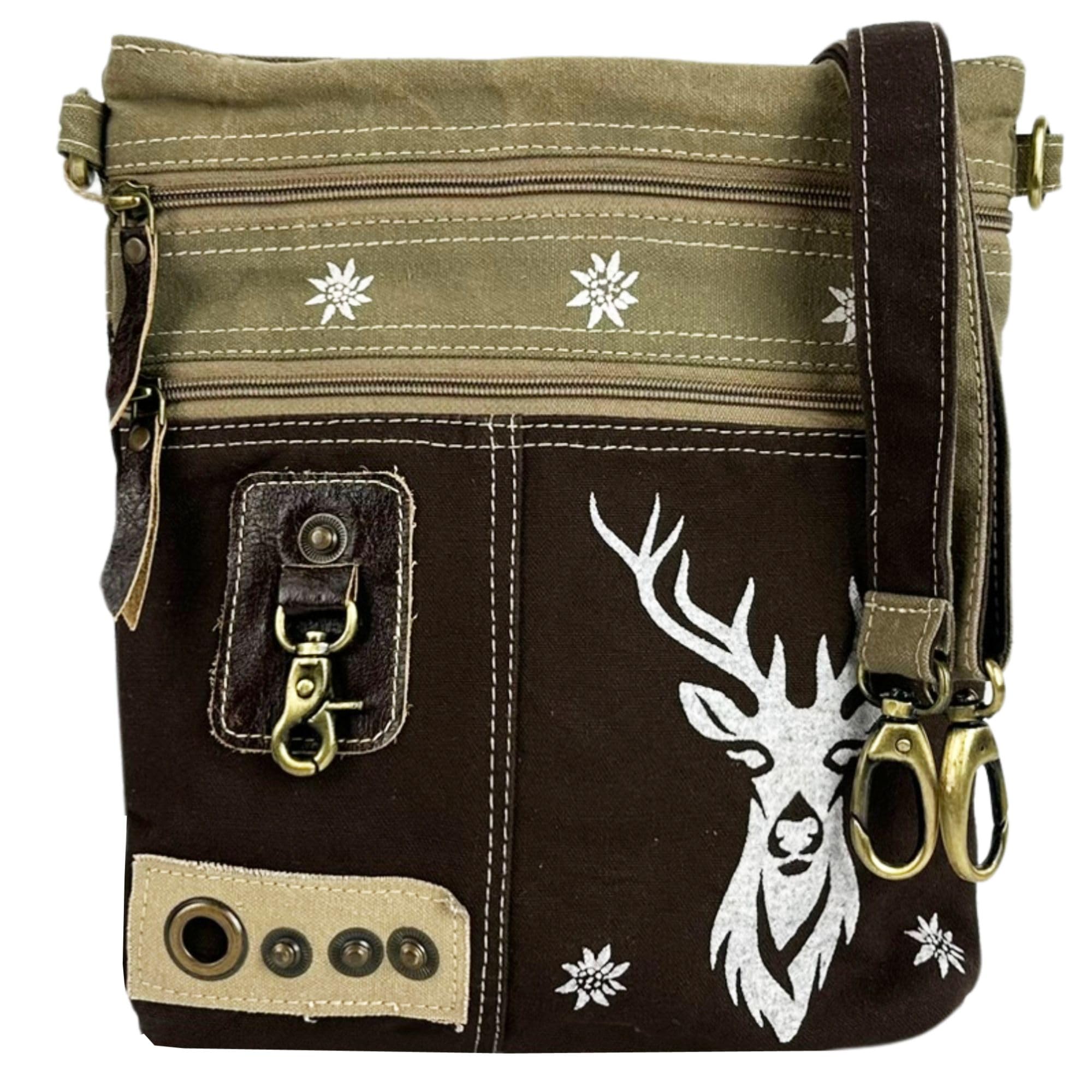 DOMELO Traditional Bag Small Shoulder Bag Oktoberfest Women's Crossbody Bag with Deer Print Khaki Green Canvas Bag as a Gift for Traditional Fashion Lovers, brown, 25x 29x5 cm, Retro, vintage