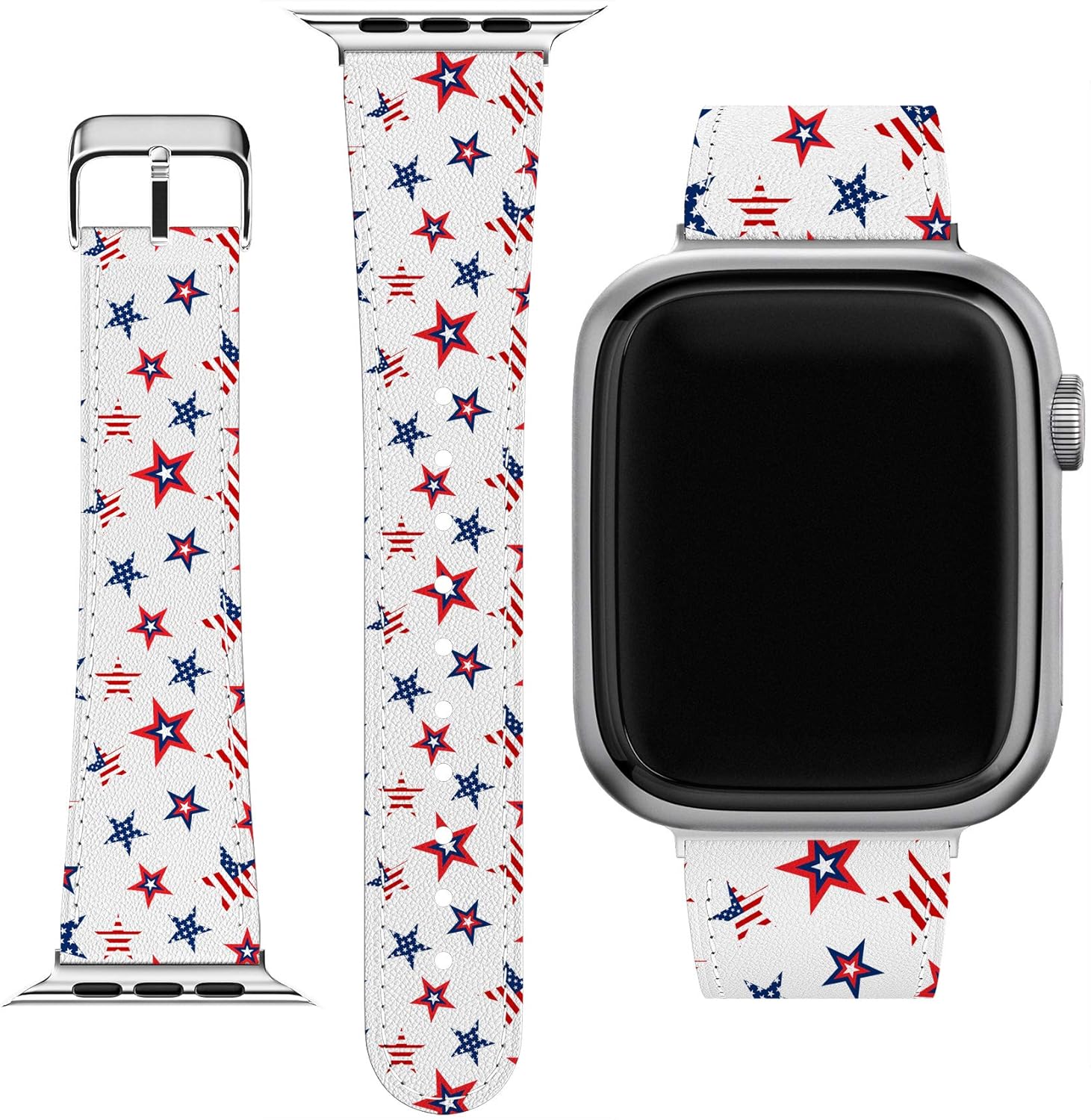 Cavka Wrist Band Replacement for Apple Watch Series 1/2/3/4/5/6/SE Bracelet USA Top Cute Stars Design American Replacement Strap 38-40-42-44 mm Printed Trend Patriotic Slim fit Flag Pattern PU Leather