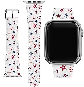 Cavka Wrist Band Replacement for Apple Watch Series 1/2/3/4/5/6/SE Bracelet USA Top Cute Stars Design American Replacement Strap 38-40-42-44 mm Printed Trend Patriotic Slim fit Flag Pattern PU Leather