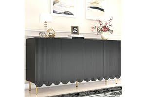 howcool 63'' Sideboard Buffet Cabinet, Black Fluted Accent Cabinet with 4 Doors, Cream Style Coffee Bar Cabinet with Storage, Credenza Storage Cabinet for Living Room, Hallway