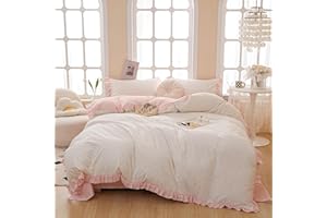 MOTNTD Pink Floral Queen Duvet Cover Pink Ruffle Coquette Comforter Cover Queen Size Cotton Boho Aesthetic Cute Duvet Cover Set with 4 Corner Ties Soft Queen Bedding Set Striped Duvet Protector