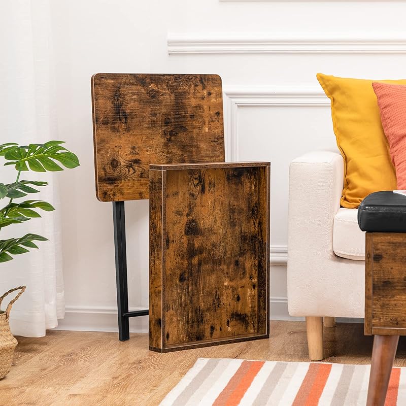 Mesa lateral com bandeja, sofá dobrável com bandeja de madeira removível, mesa de centro de estilo vintage com estrutura metálica, estilo industrial contemporâneo, castanho rústico EBF29BZ01