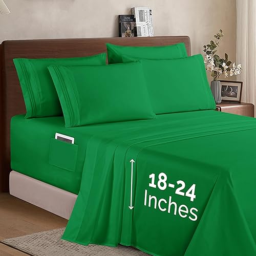 Elegant Comfort 1500 Premium Quality 4-Piece Bed Sheet Set - 18-24 Inch Extra Deep Pocket, Smart Storage Pockets, Wrinkle Free Ultra Soft 4PC Extra Deep Pocket Sheets, Twin/Twin XL, Emerald Green
