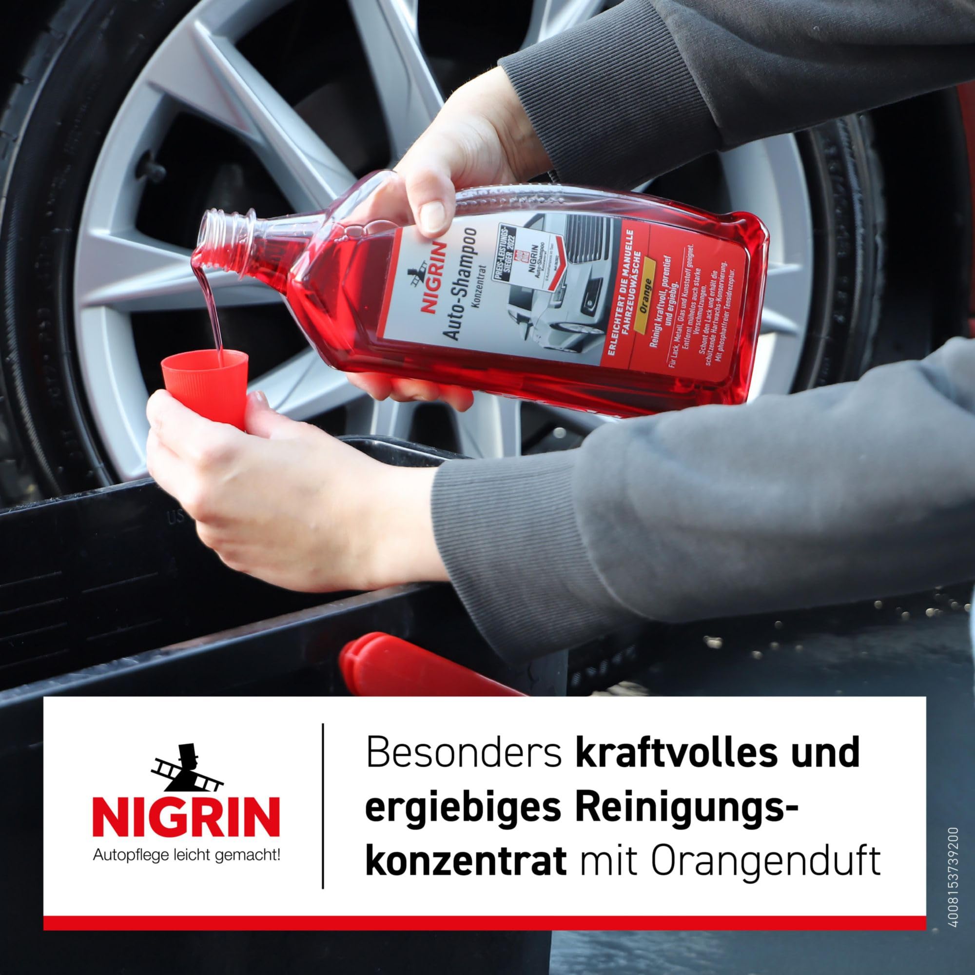 NIGRIN Autoshampoo Konzentrat, 1 Liter, entfernt auch starke Verschmutzungen, schont Lack- und Kunststoffoberflächen, mit Orangen-Duft, Orange 3