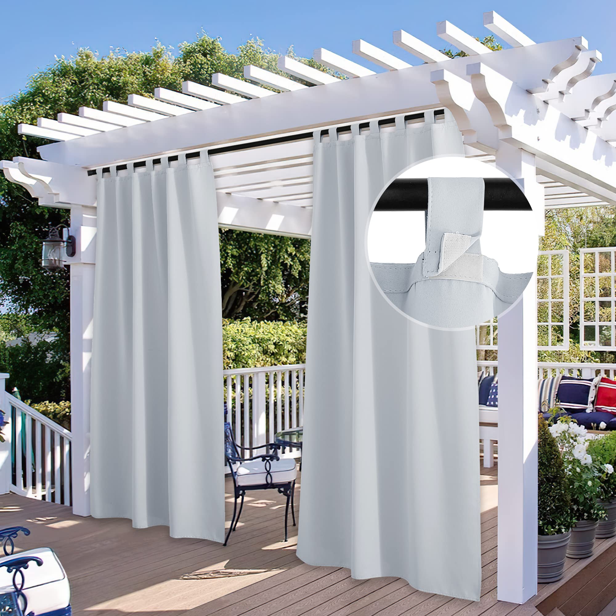 Photo 1 of StangH 2 Panels Outdoor Curtains White - Tab Top Waterproof Solar Curtain for Baby Shower Party, Blackout Windproof Shades for Lawn Cabana Patio Door, Greyish White, W52 x L96,