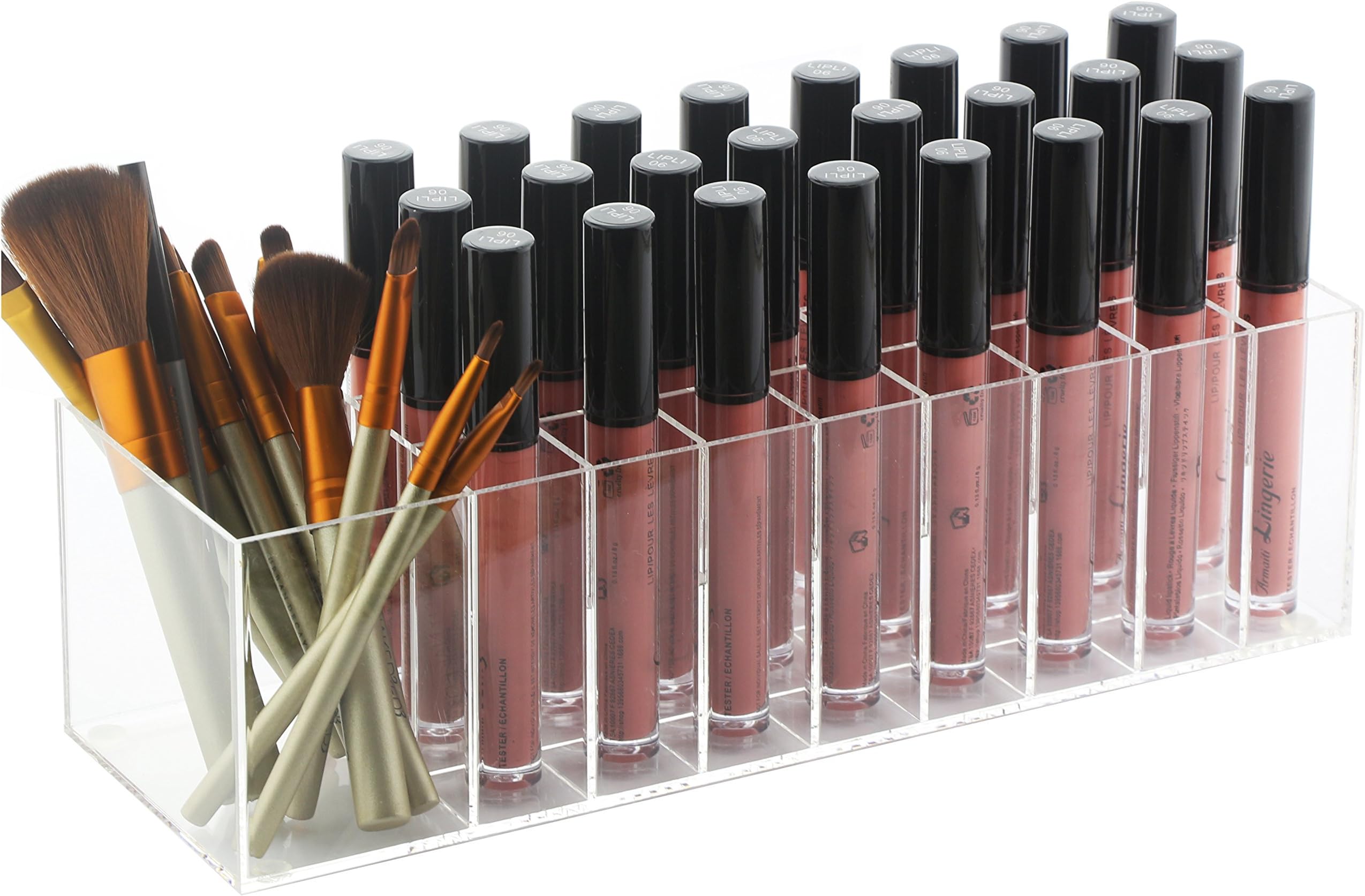 Dealight Acrylic Lipstick Organizer, Lip Gloss Holder Case, 25 Compartments Beauty Care Storage Display for Lipsticks, Nail Polish, Makeup Brushes for clearance