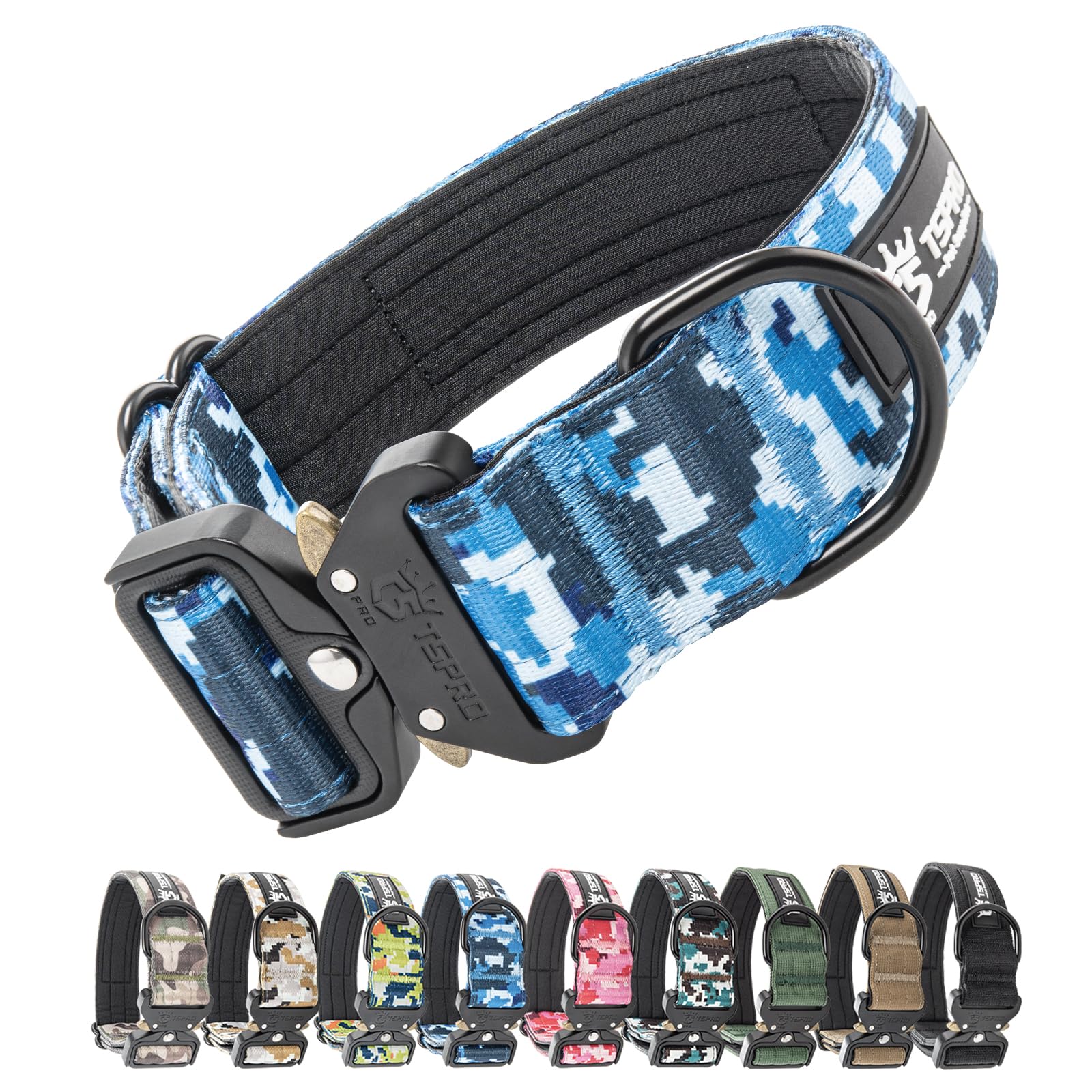 TSPRO Tactical Premium Dog Collar with Patch & Heavy Duty Quick Release Metal Buckle, Adjustable Thick Strong Collar for Medium Large Dogs (Camo Blue, M) — image 1