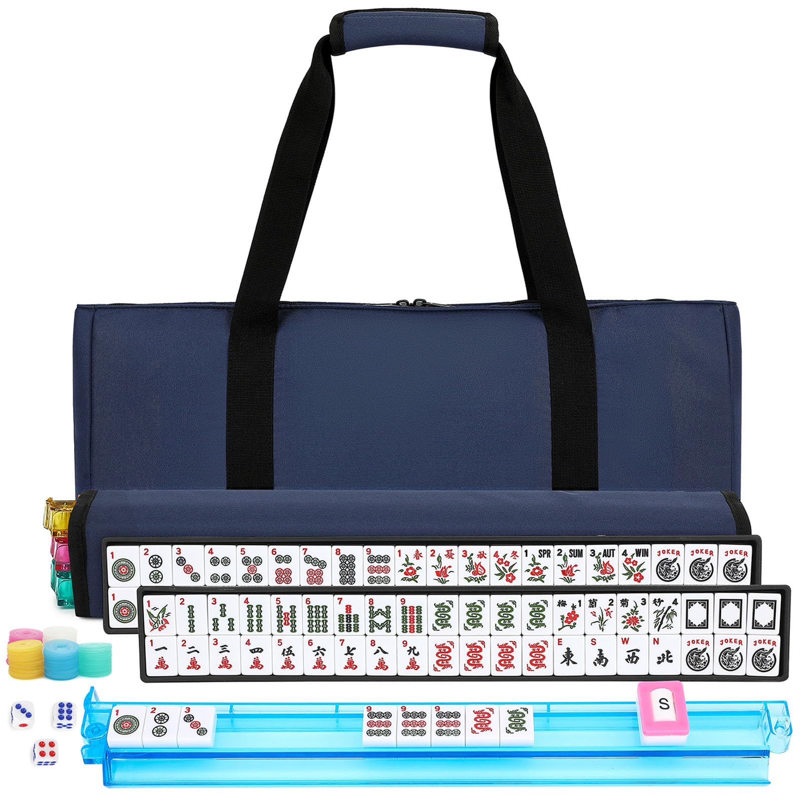 Marllifenney American Mahjong Tile Set,166 White Tiles Mahjong Set,4 Colors Mahjong Racks,Travel Mahjong Set with Blue Carrying Bag