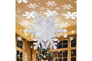 Christmas Tree Topper Lighted with 6 Projection Slides, PliMook Snowflake Christmas Tree Topper LED Rotating 3D Lighted Tree Toppers Glitter Tree Topper Projector for Christmas Tree(Silver)