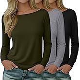 Oakgarden 3 Pack Women's Boat Neck Long Sleeve Shirts, Cotton Tunic Tops Loose Fit Blouses Fall Casual Basic Tee Shirt