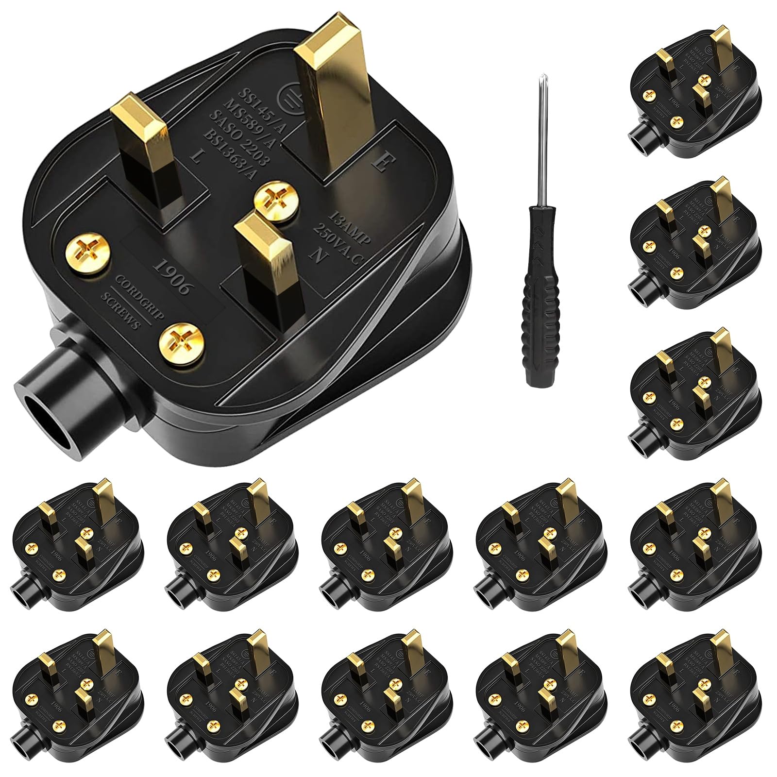 UK Plugs with 13 AMP Fused, 3 pin Mains Plug with Cord Grip Rewireable Heavy Duty Electrical Plug, Rubber Composite Plug, 14 Pack - Black