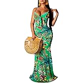 Women's Summer Floral Spaghetti Strap Long Maxi Dresses Low-Cut Bohemian Beach Sundress