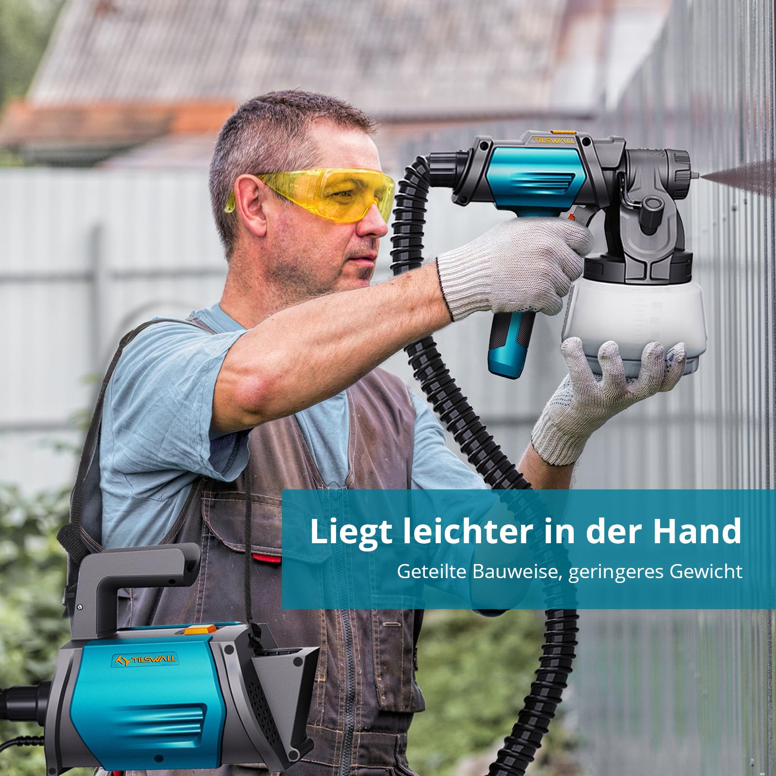 Tilswall Farbsprühsystem Shark 800 HVLP Elektro120 DIN-s Lackierpistole Elektrisch mit 4 Düsen und 3 Sprühmodi für Innen- und Außenwandfarben (Blau) 3