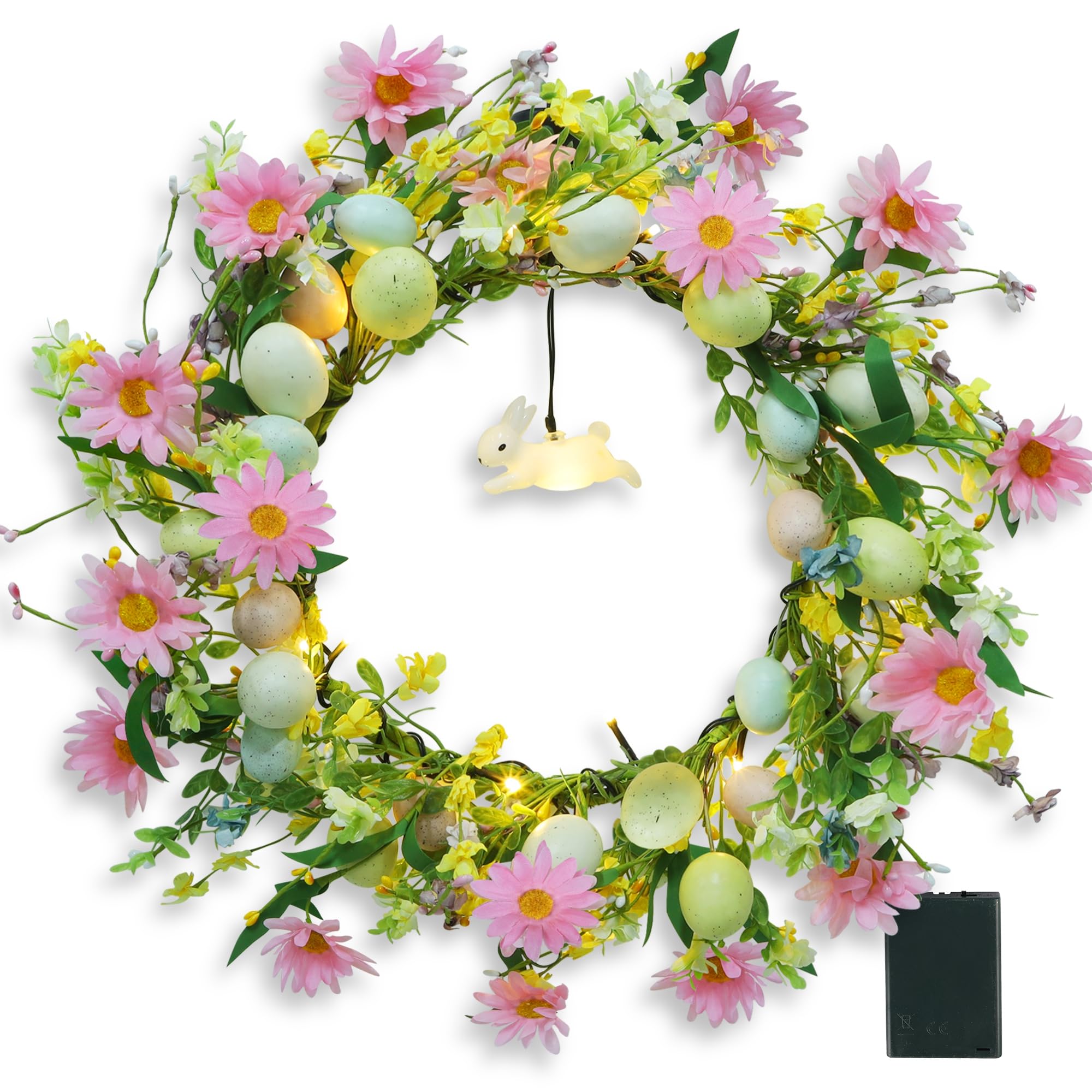Photo 1 of DR.DUDU 19 Inch Easter Wreath – Lighted Easter Decorations for Home with Timer, Egg Wreath with Bunny & Flowers, Spring Decor for Front Door, Mantel, Wall, Indoor & Outdoor Holidays